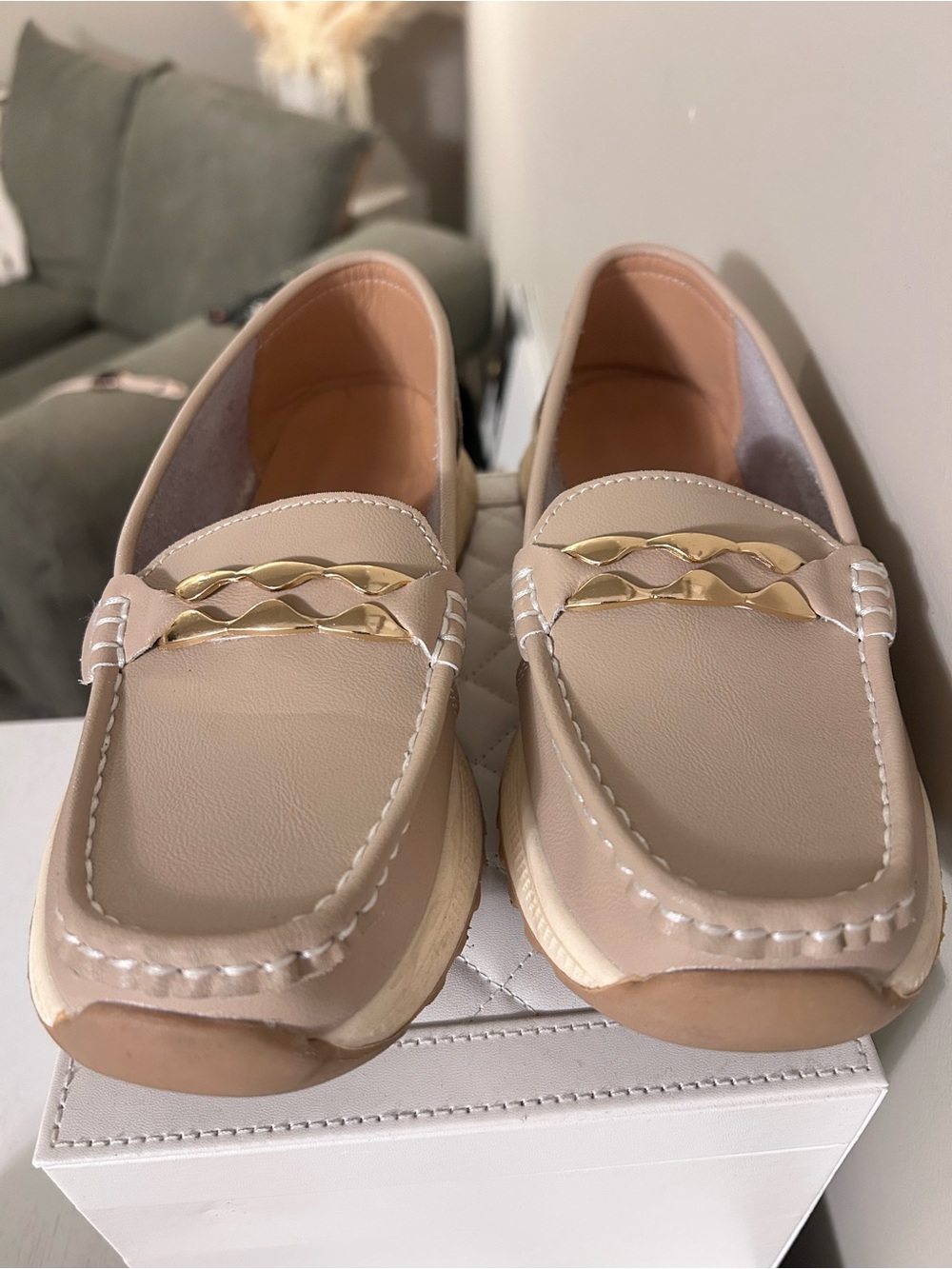 Beige Women's Loafers with Gold Chain Accent